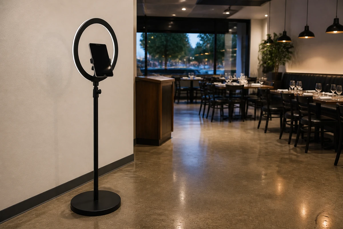 An open-face iPad photo booth on a matte-black ring-light stand standing alone in a restaurant entry area with clear floor space around it