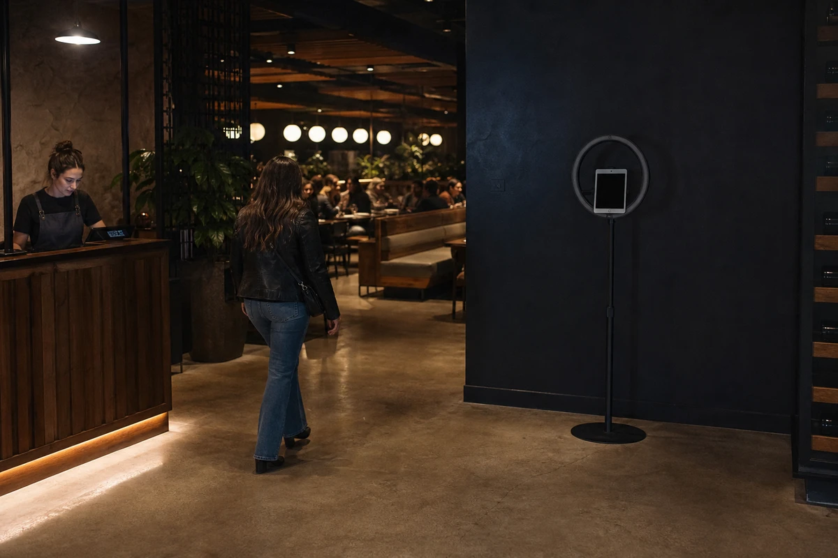 A photo-booth kit on a ring-light stand stands in a clear lounge corner past the host stand of an evening restaurant, with open floor space around it.