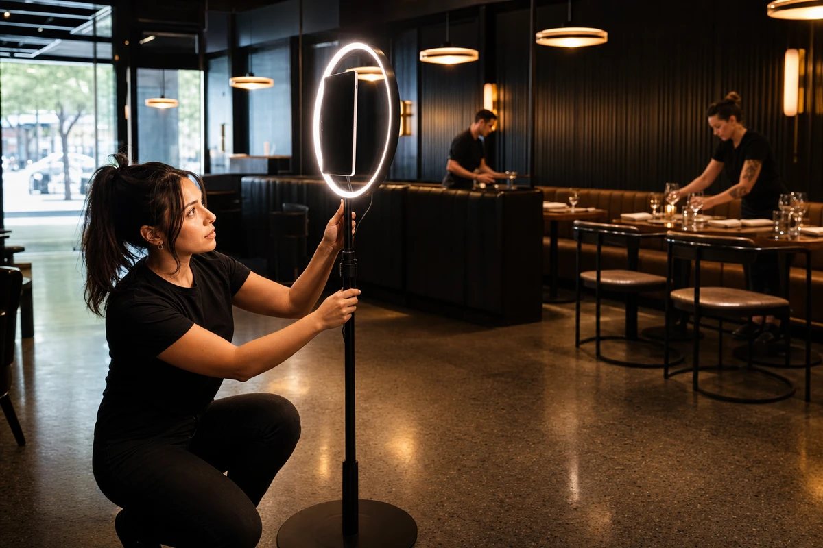A photo-booth operator crouches to adjust the ring-light stand of a photo-booth kit in the lounge corner of a restaurant before evening service.