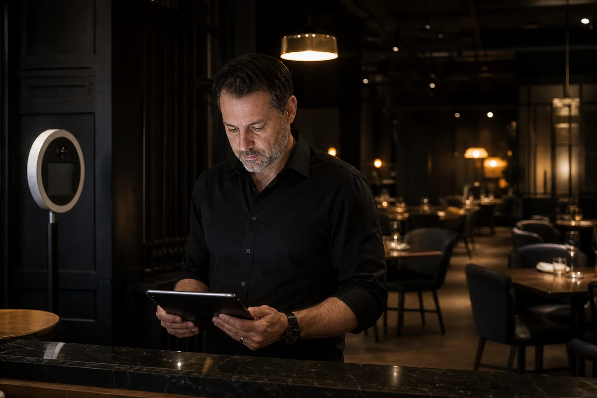 A venue manager reviews results on a tablet after hours, with the unlit photo booth in the background of an empty restaurant.