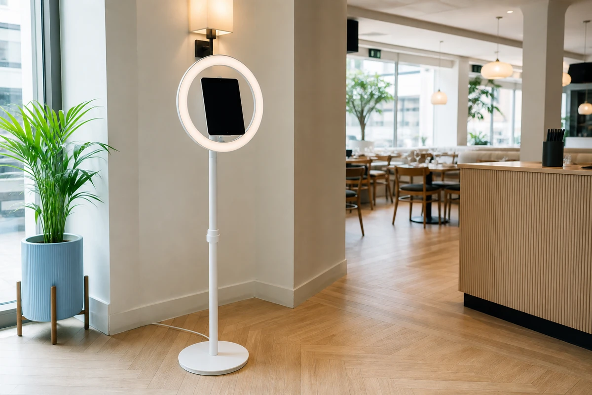 A compact iPad photo-booth station on a ring-light stand placed in a clear lounge corner near a restaurant's entrance.