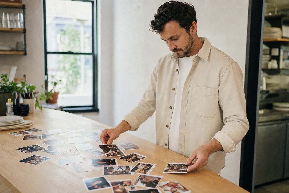 A restaurant marketing manager sorts a spread of printed guest photos at a counter, choosing which to approve for reposting.