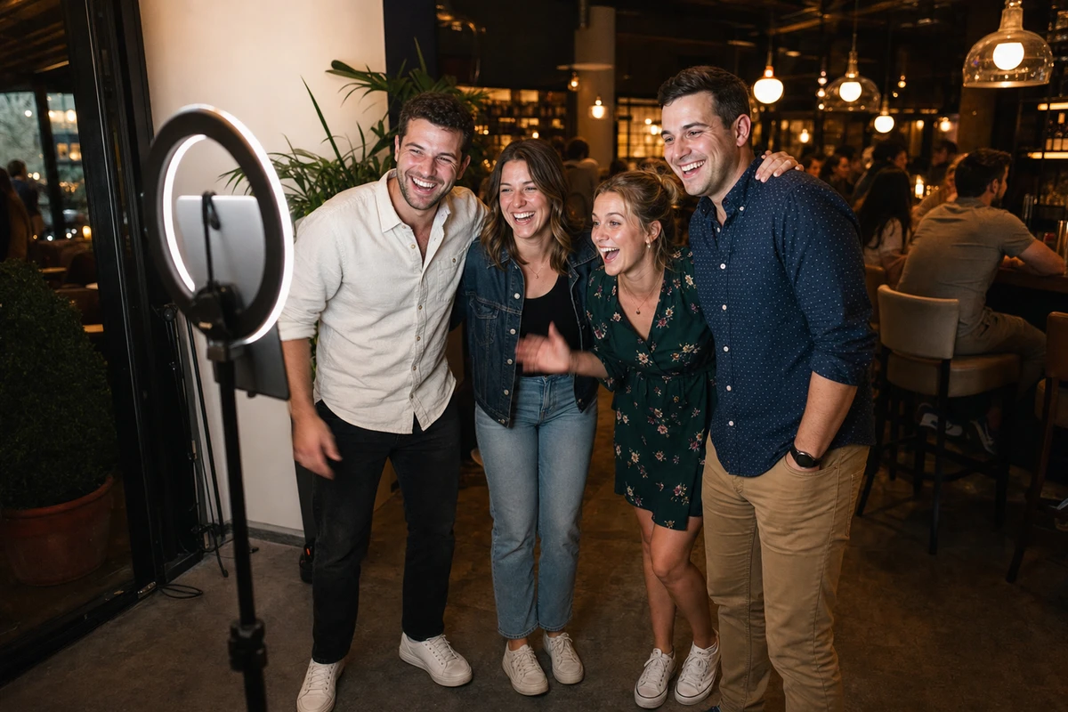 Four restaurant guests pose and laugh together in front of an iPad photo-booth station during an evening activation.