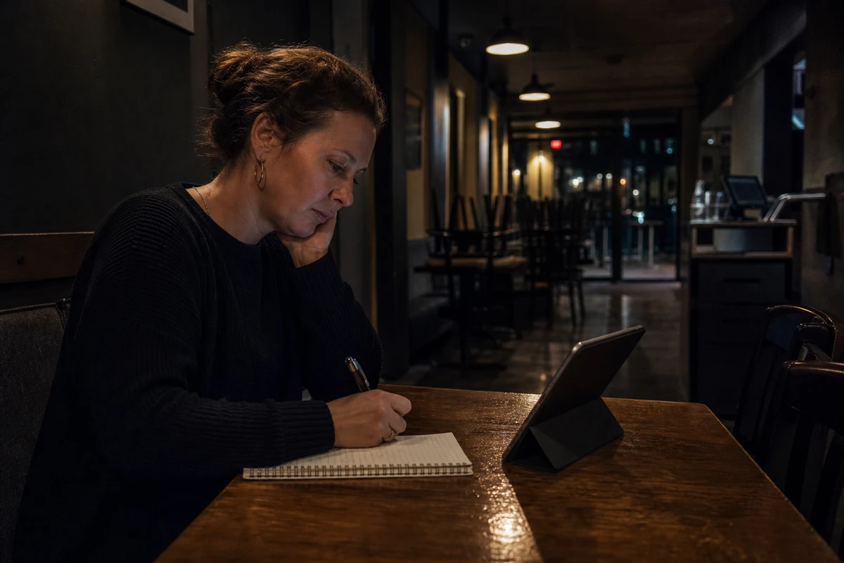 A restaurant manager sits at a corner table after closing, drafting a thoughtful reply to a guest review by hand.