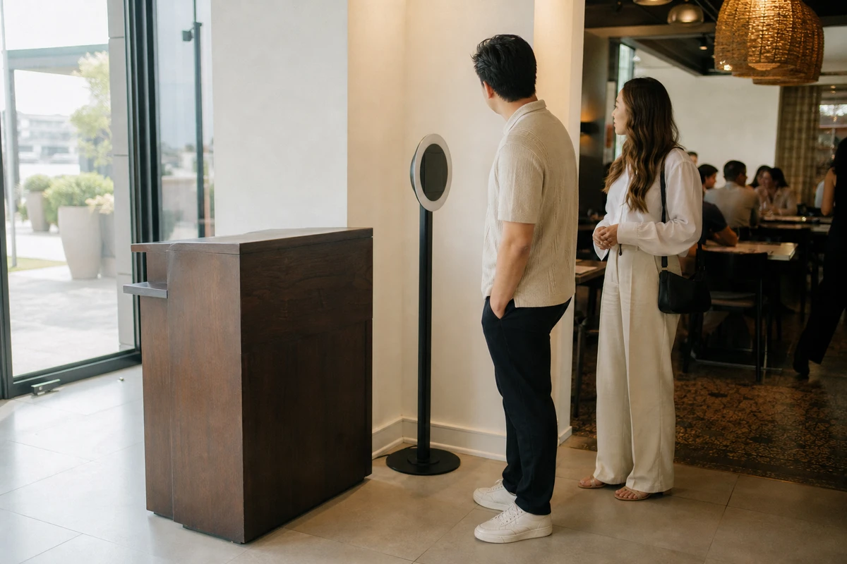 A compact photo booth placed beside the bare wooden host stand in a restaurant's daylit entry as two guests waiting for a table notice it.