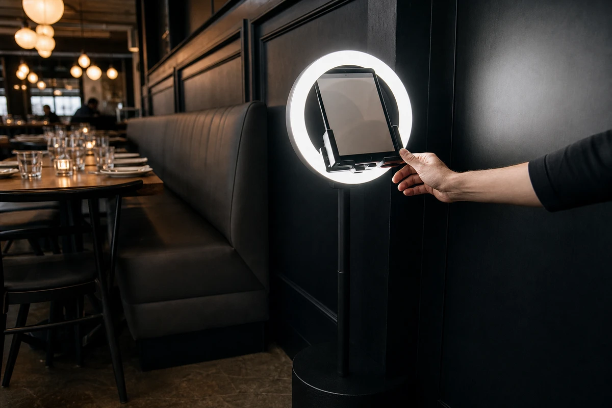 A compact photo booth — an iPad in a white ring-light stand on a single floor pole — set in a restaurant corner beside a banquette as a guest's hand reaches toward it.