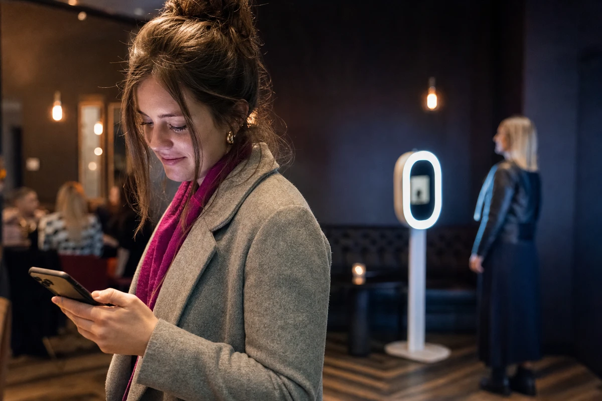 A restaurant guest steps away from a photo booth looking down at her phone with a private smile, the glowing ring-light booth softly out of focus behind her.