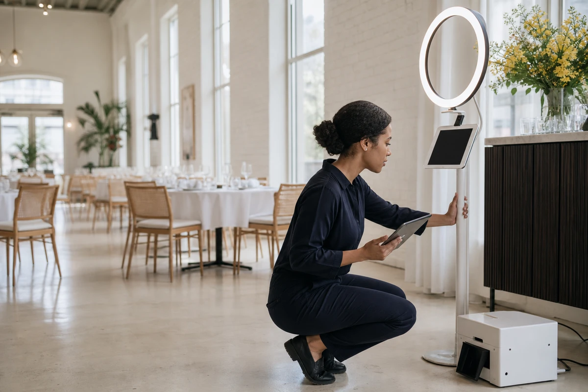 A venue manager crouches beside a compact photo booth with a tablet, checking it in an empty restaurant before service as daylight fills the room.