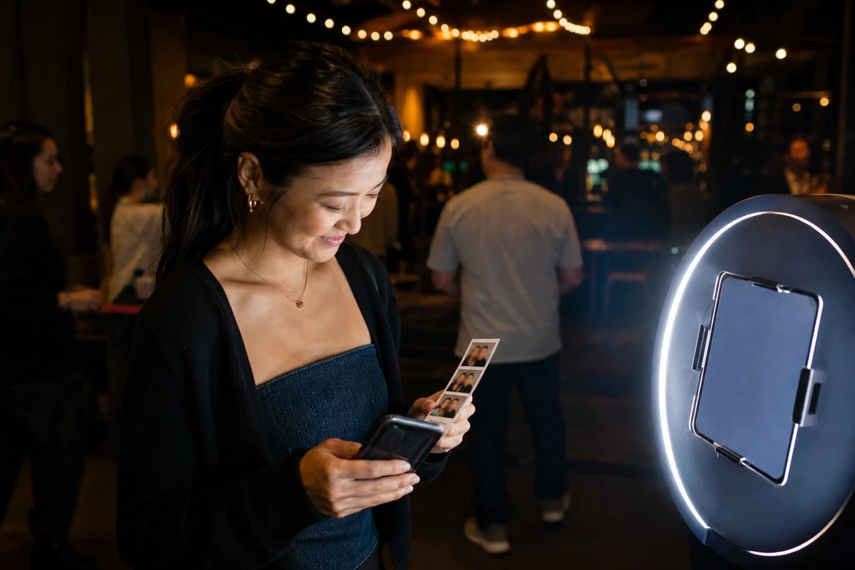 A guest at a restaurant event night holds a freshly printed photo strip from a photo station, the keepsake that arrived with an emailed copy.