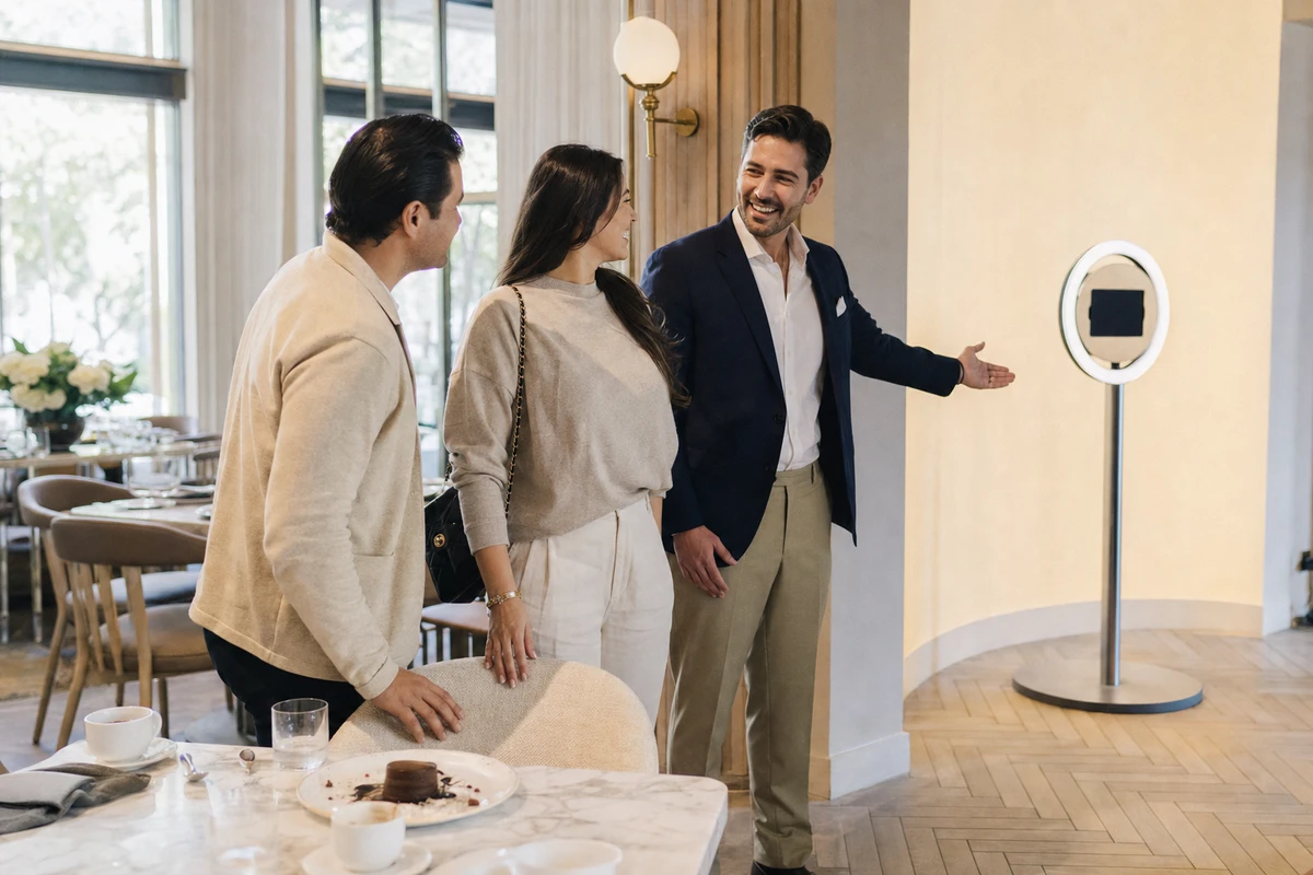 A restaurant host gestures toward a tablet photo station, inviting a couple who have just finished their meal to take a photo.