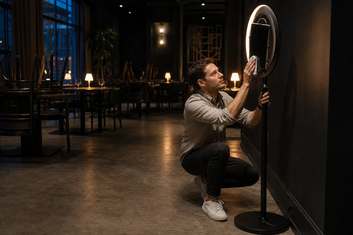 A restaurant manager crouches to reset and check a tablet photo station in an empty dining room before evening service.