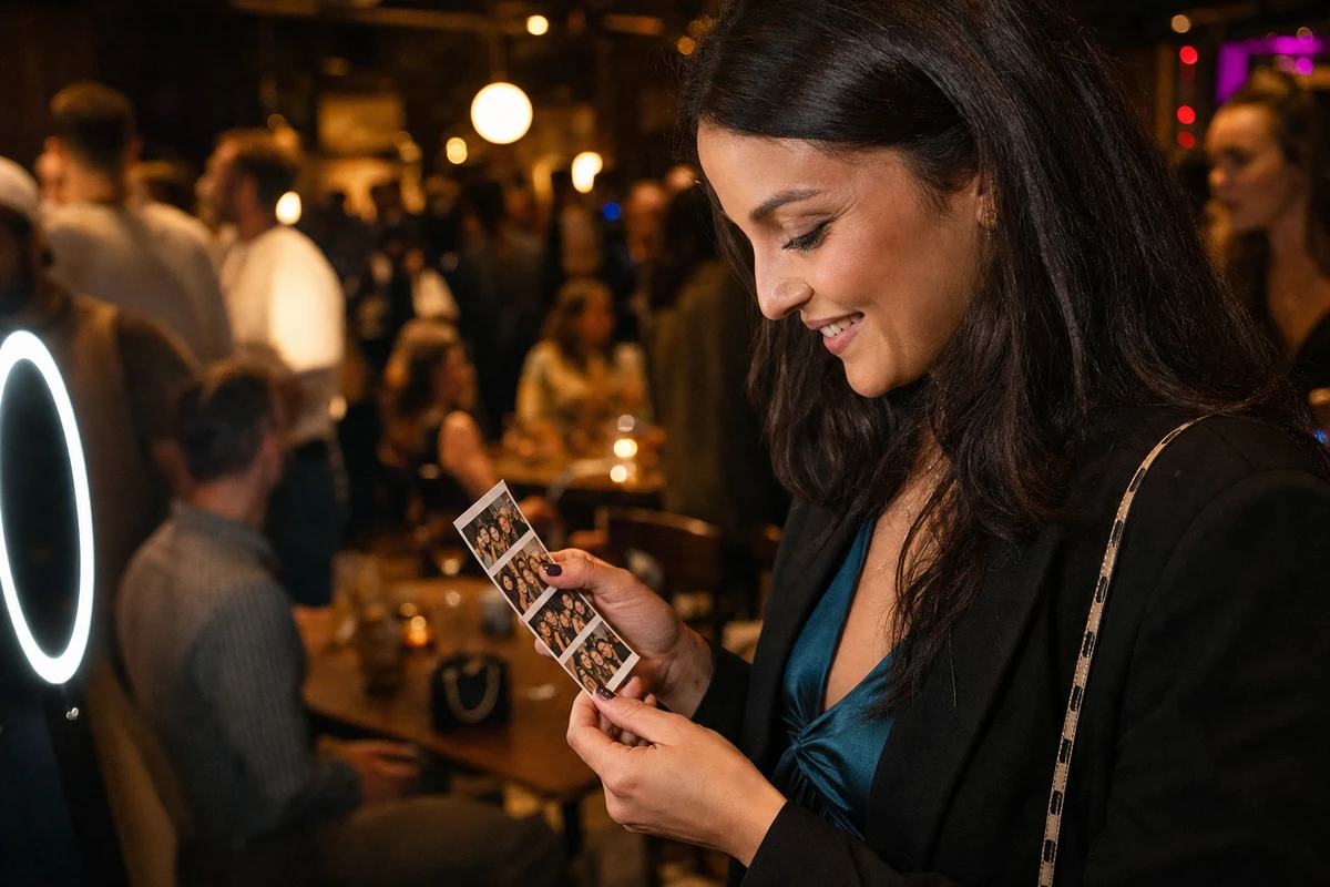 A guest at a restaurant event looking down at a freshly printed photo strip held in both hands, the lively room glowing warmly behind.