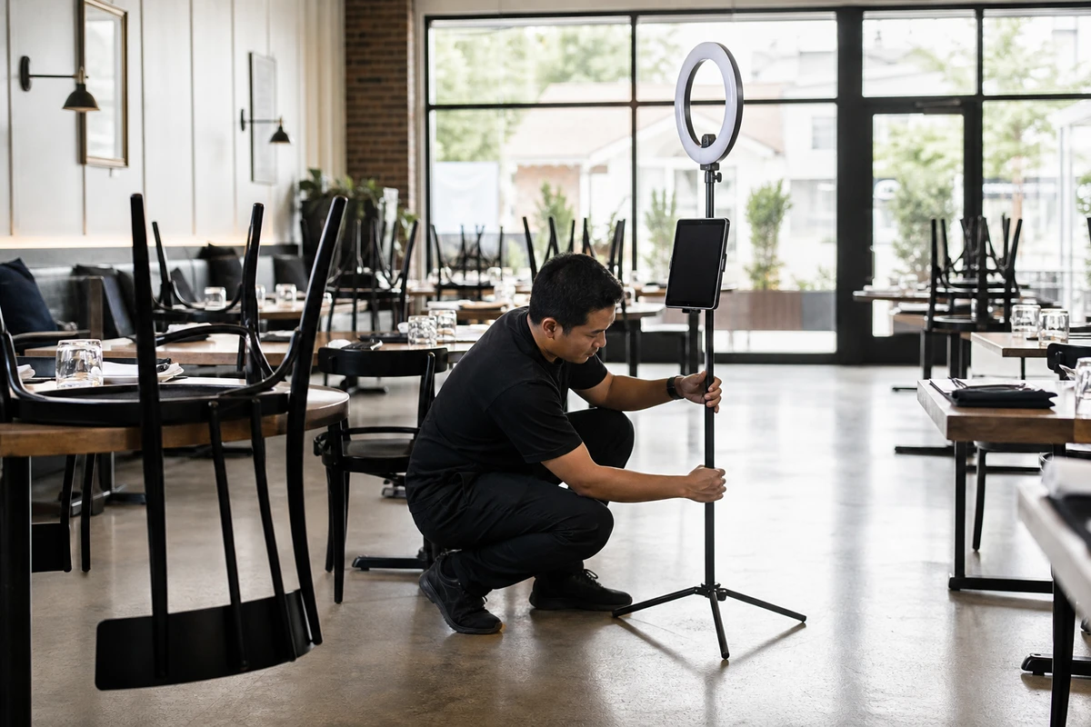 A venue manager crouched beside a ring-light photo station, adjusting it in an empty restaurant before a weeknight event, with set tables and daylight behind.