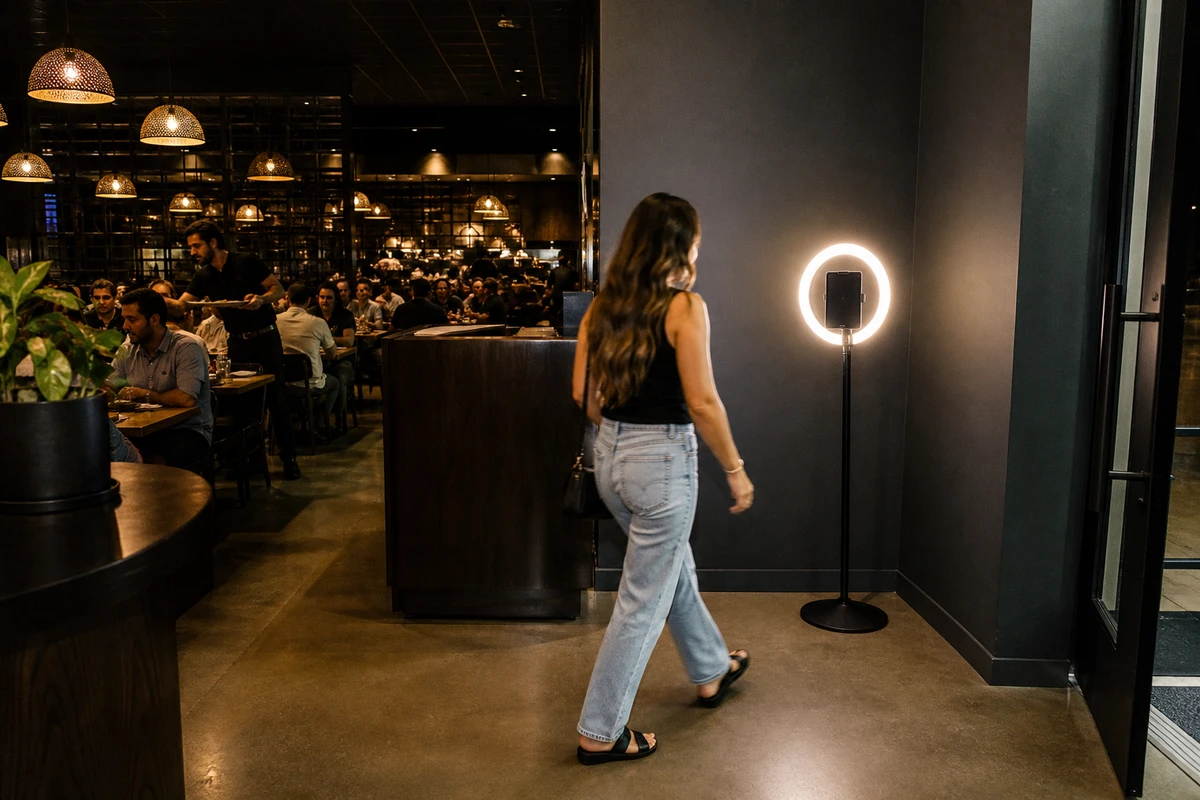 A compact photo-activation station on a ring-light stand placed against a blank wall in a restaurant's lounge corner near the host stand, with clear floor space and the busy dining room behind.