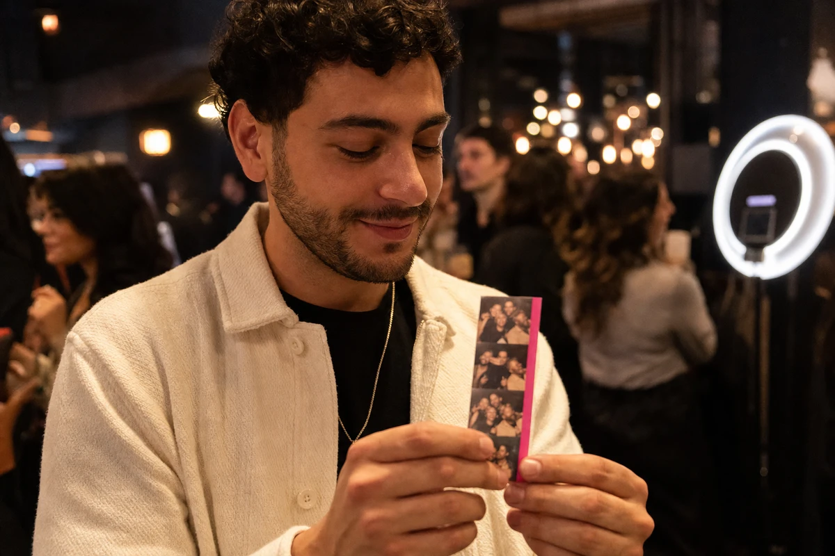 A restaurant grand-opening guest holding a freshly printed photo strip with a colored brand band along one edge.