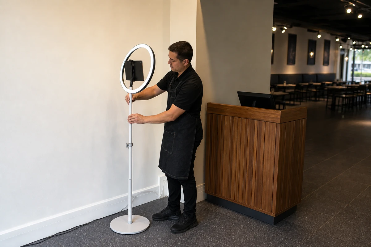 A venue manager adjusting a photo-booth station set up in a well-lit corner near a restaurant's host stand before opening.