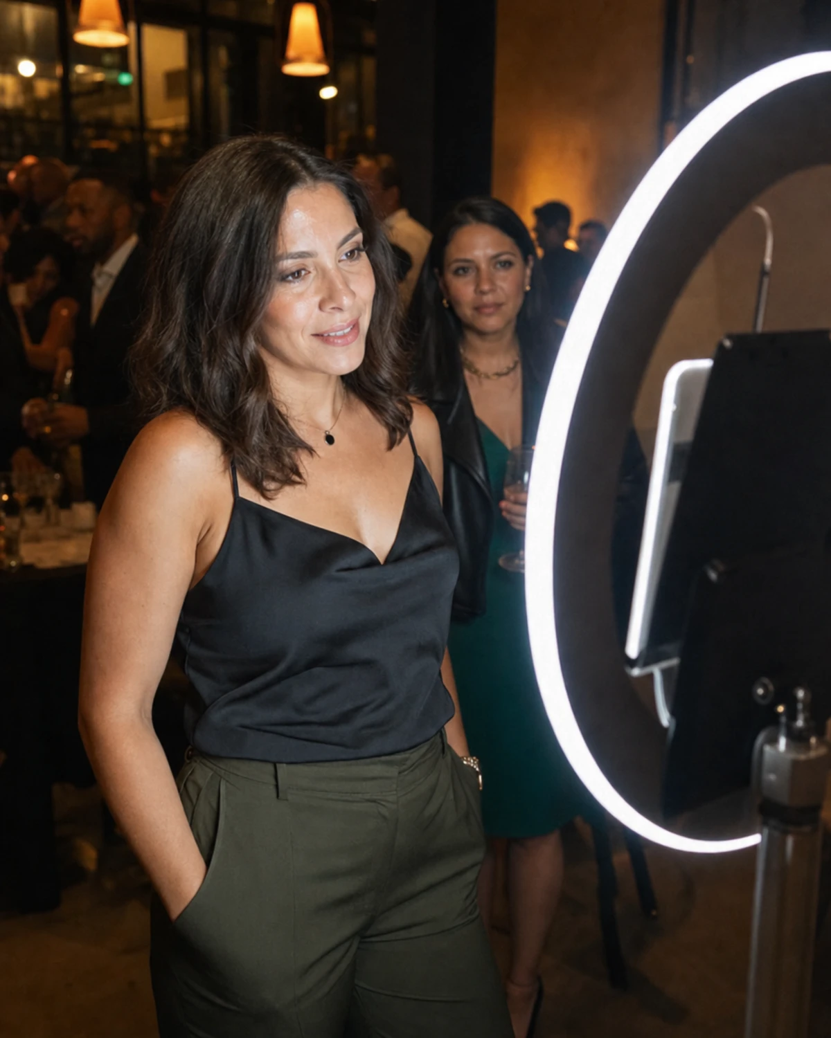 A guest standing as the subject in the ring-light glow of a restaurant photo-booth station during a grand opening.