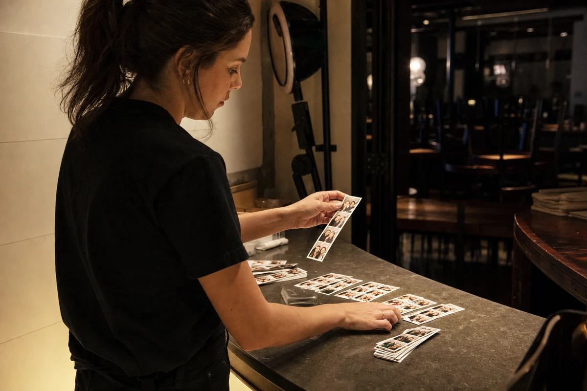 A photo-booth operator sorting a spread of printed guest photo strips on a back counter after a restaurant opening.