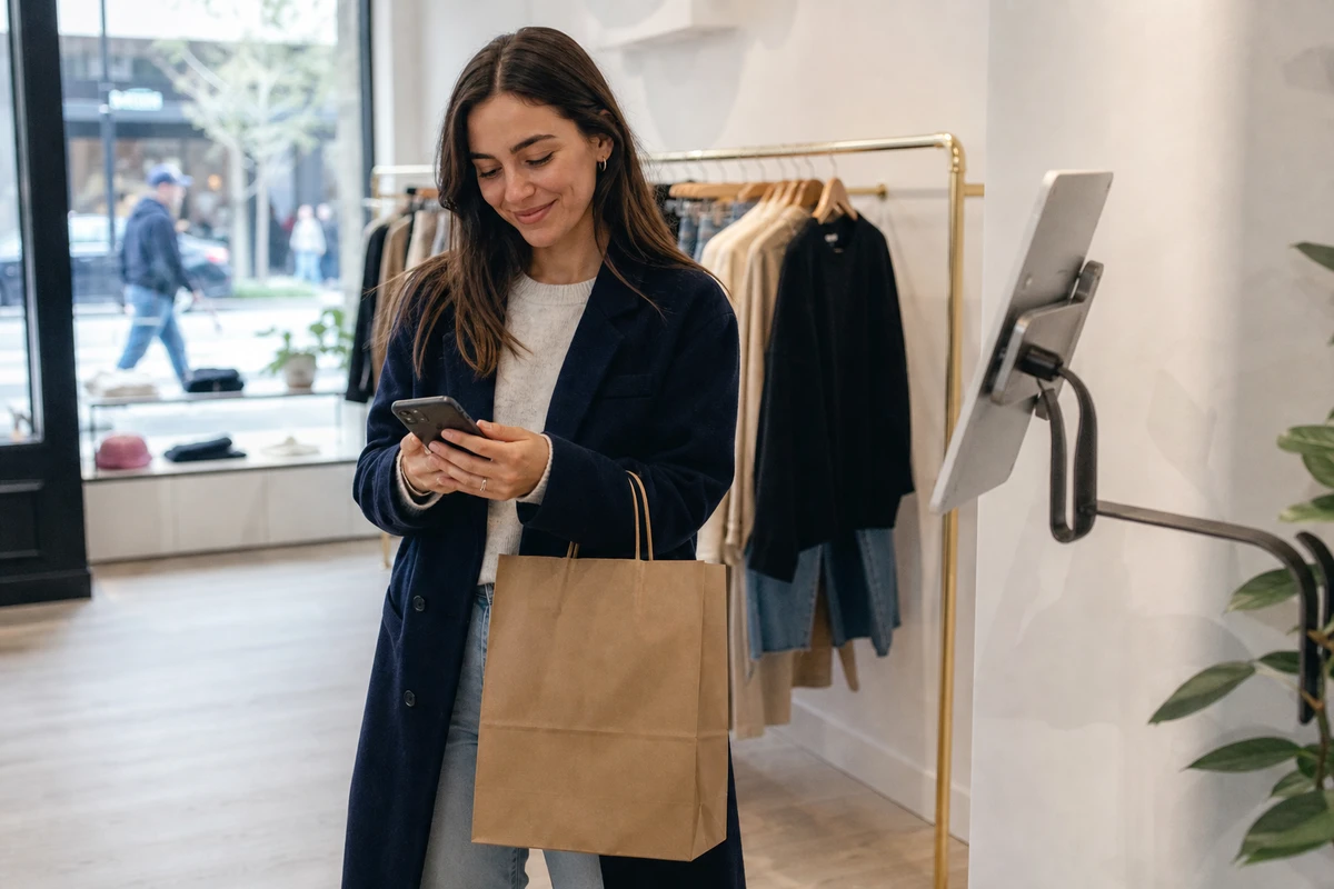 A boutique shopper stands near the store entrance looking at her phone with a pleased smile after receiving her photo, the wall-mounted selfie station soft in the background.