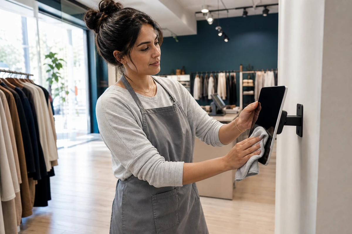 A store associate in an apron steadies and wipes the dark screen of a wall-mounted iPad selfie station during a quiet moment on the shop floor.