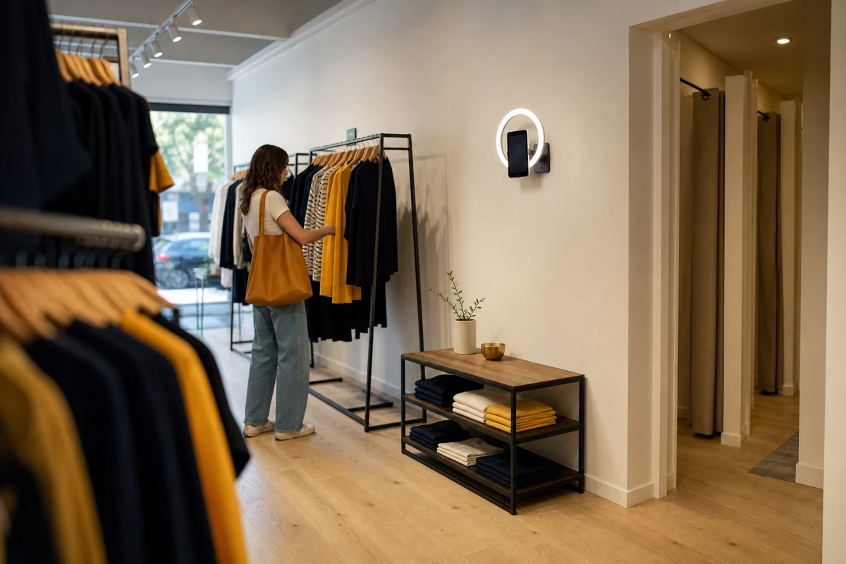 Wide view of a boutique floor showing a slim wall-mounted iPad selfie station hung above merchandise, taking up no floor space beside the clothing racks.