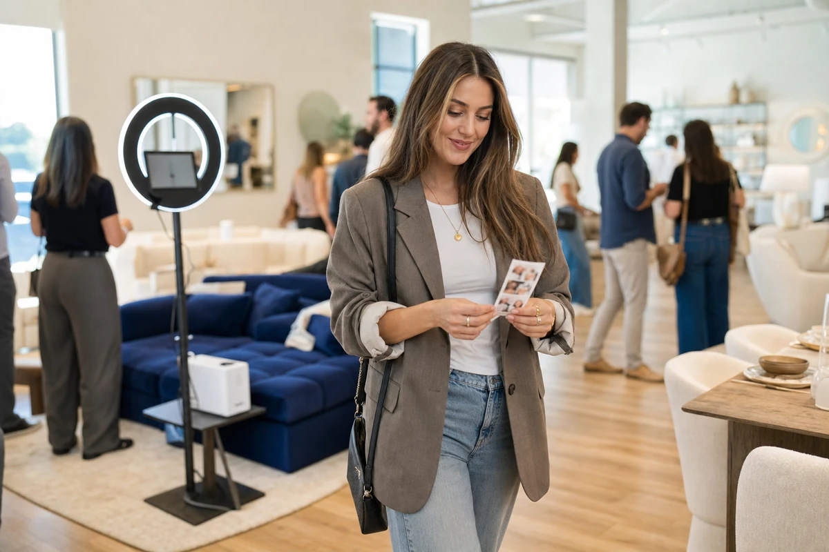 A guest at a furniture showroom event walking away from a photo station holding a freshly printed photo strip.