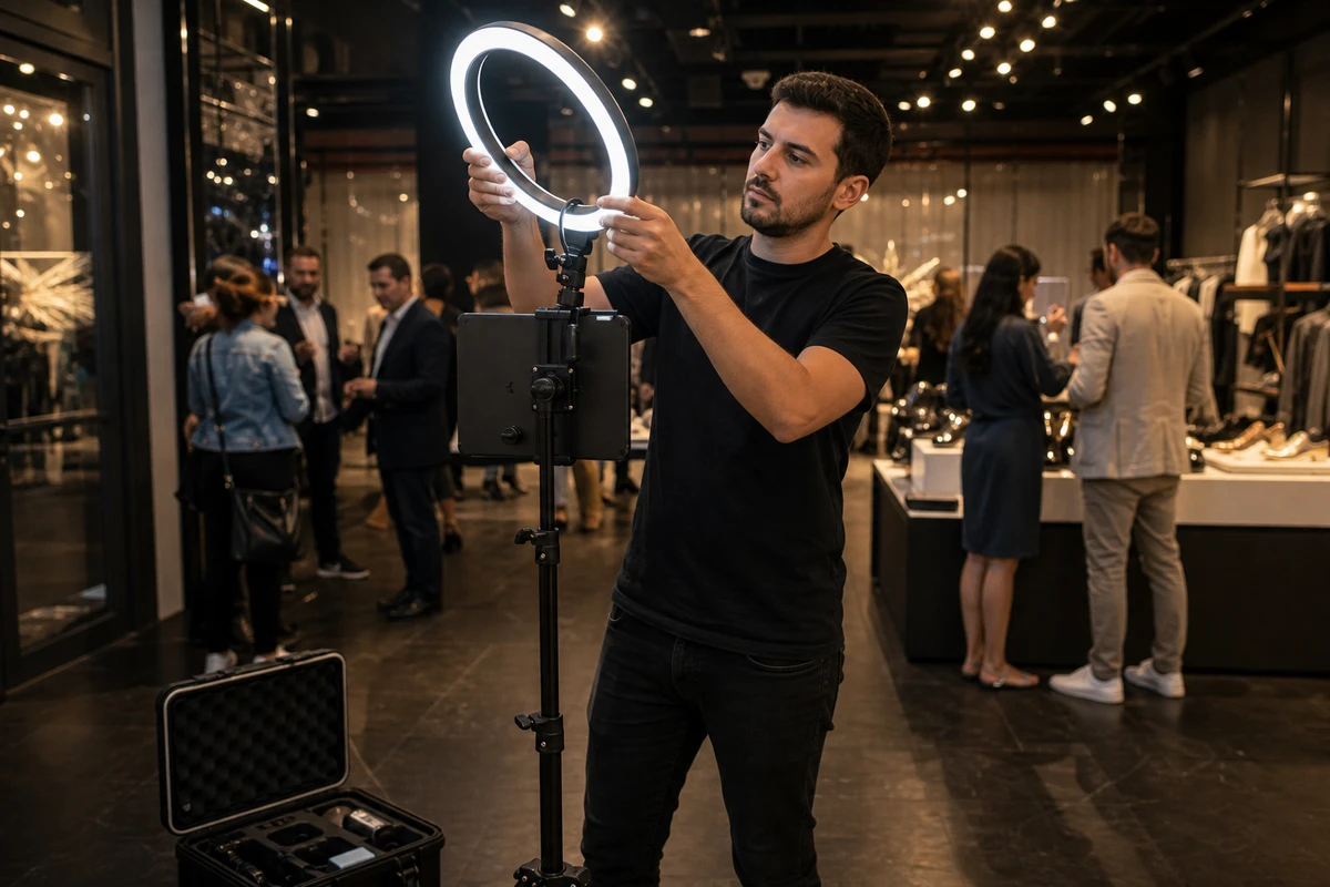 A photo-booth operator adjusting the ring light on an iPad photo station between guest sessions at a retail event.