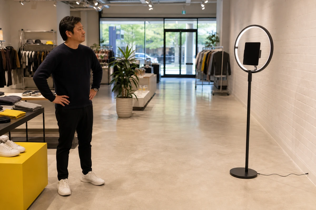 An iPad photo station on a ring-light stand placed in cleared floor space along a retail store wall, with a venue manager evaluating the spot before guests arrive.