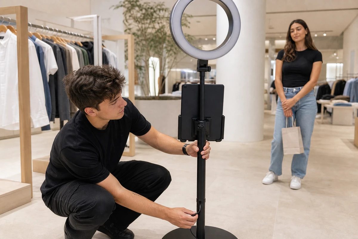 A brand ambassador adjusting a photo-booth installation between sessions while a shopper waits on the retail floor.