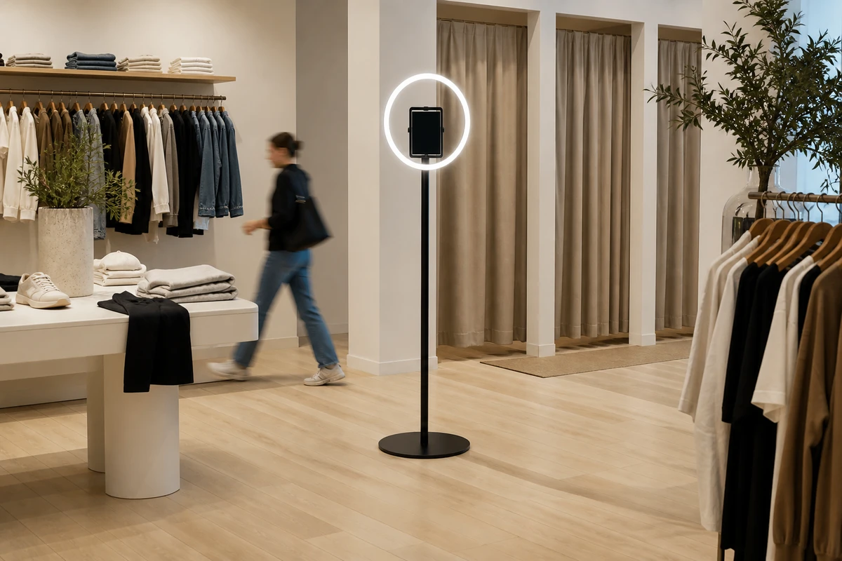 A photo-booth installation placed in an open dwell zone near the fitting rooms of an apparel store, with clear floor space around it.