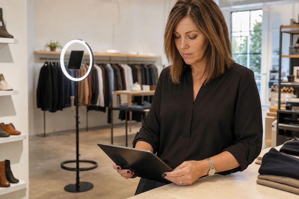 A store manager reviewing activation performance on a tablet at a side counter, with the photo-booth installation in the background.