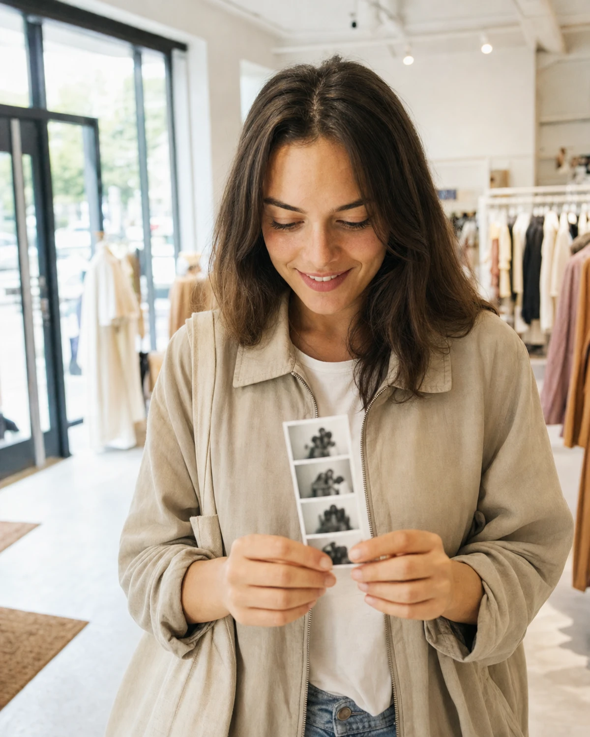 A shopper smiling as she looks at a freshly printed photo strip near the entrance of an apparel store.