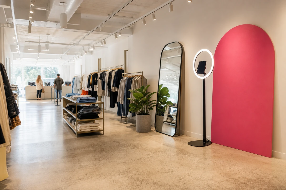 A retail floor layout showing an interactive photo display placed in a calm feature zone with open clearance, away from the checkout queue.