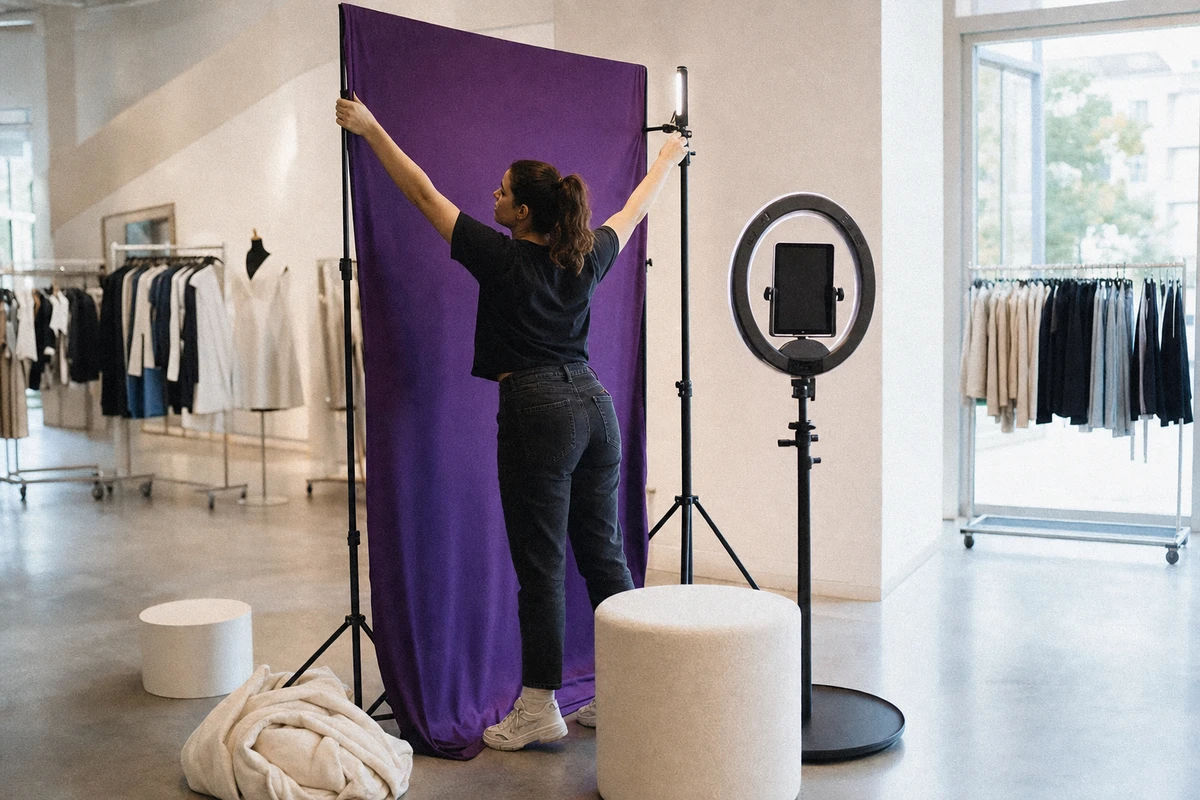 A store host refreshing a seasonal styled photo display on the retail floor before opening.
