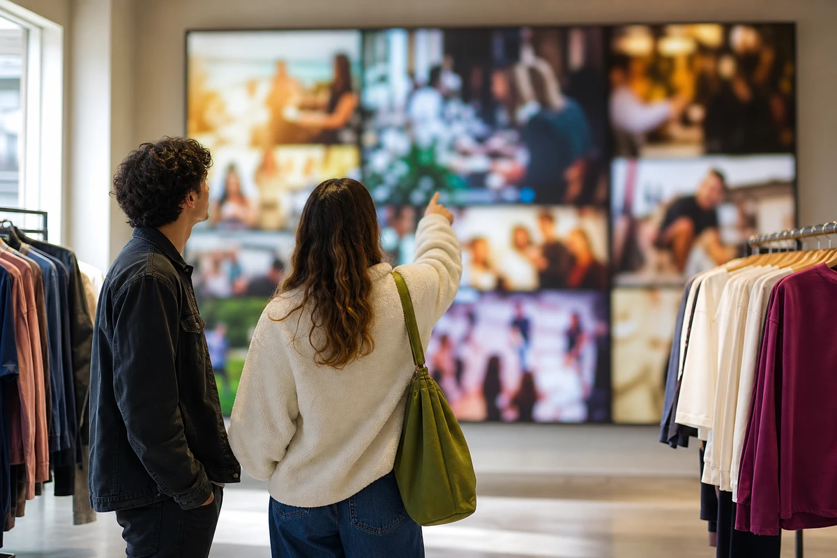 A social wall screen in a retail store streaming a soft stream of customer photos while shoppers look on.