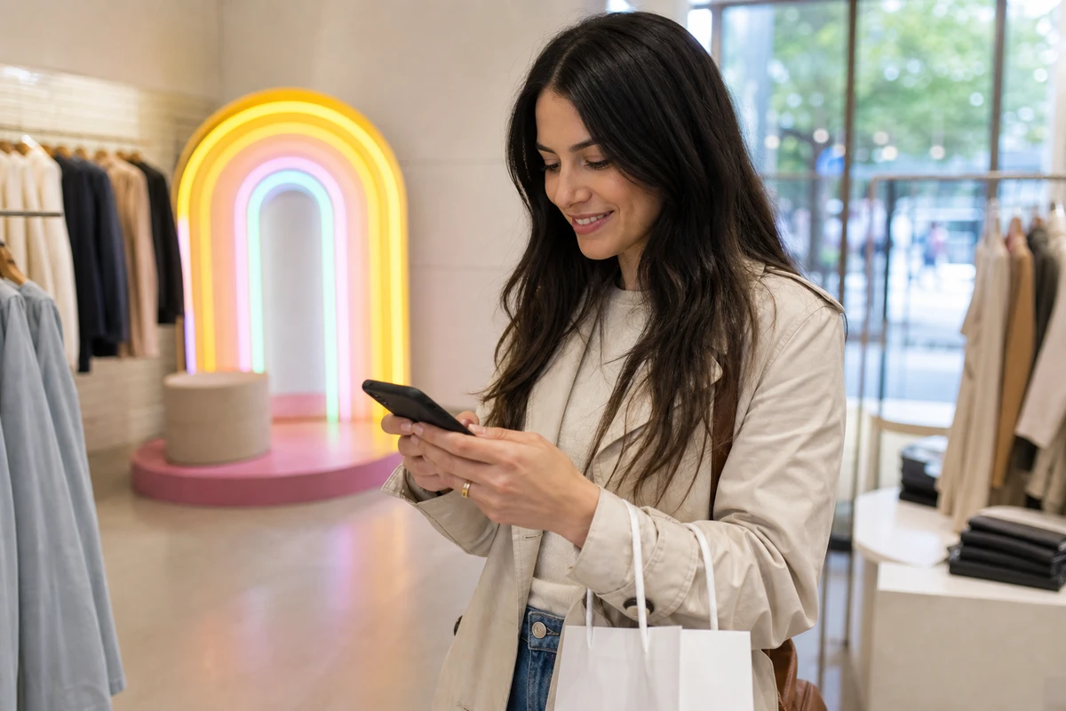 A retail shopper smiling at her phone moments after using an in-store photo display, about to share the picture.