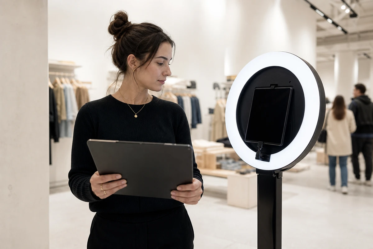 A venue manager beside a retail photo station checks a tablet held at a steep angle as captured records come in.