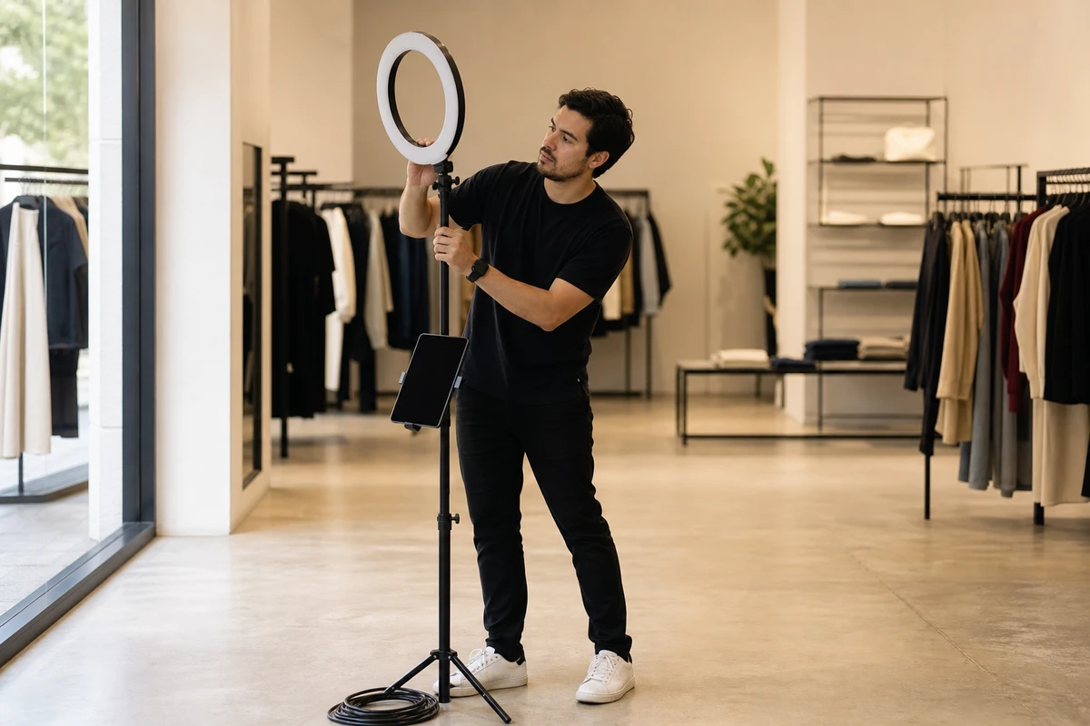 A photo-booth operator adjusts the ring light of a branded photo station on a quiet retail floor before shoppers arrive.