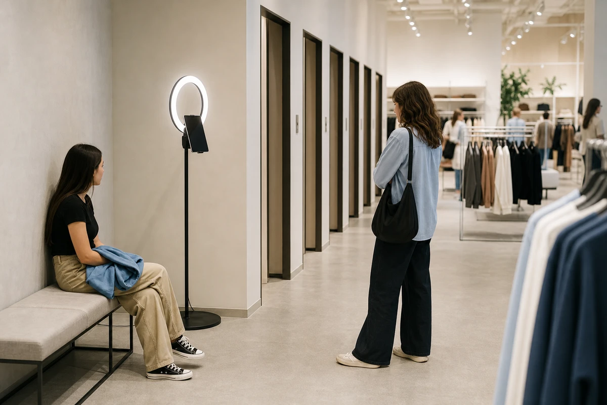 A branded photo station positioned in a calm corner of a retail floor near the fitting rooms, with clear floor space around it.
