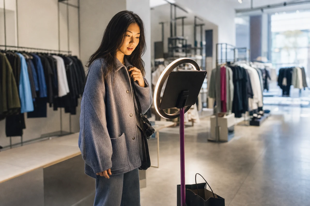 A shopper steps up to a branded photo station inside a store, posing in the warm glow of its ring light.