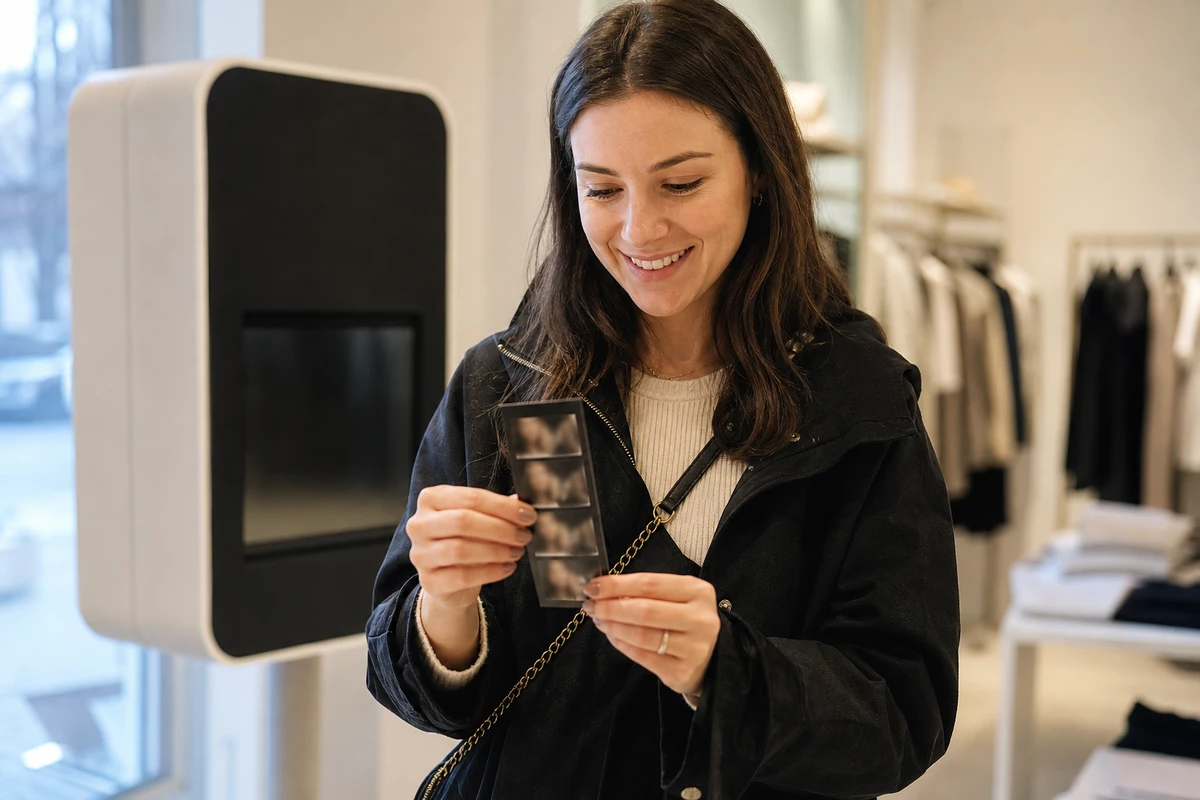 A shopper holds a small printed photo strip and smiles after stepping away from a retail photo station.