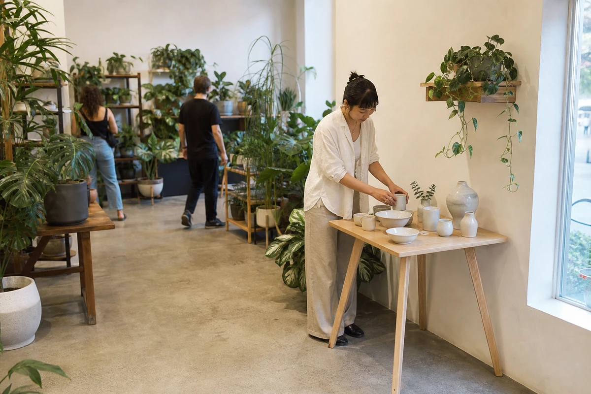 A visiting ceramicist's compact pop-up table set up in a clear front corner of a plant shop, with walkable floor space all around it.