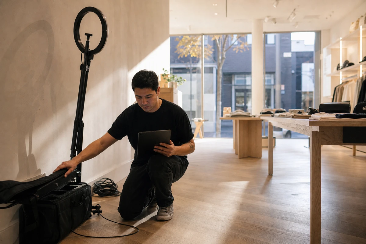 A photo-booth operator kneeling beside a partly packed kit, reviewing results on a tablet after a retail pop-up closes.