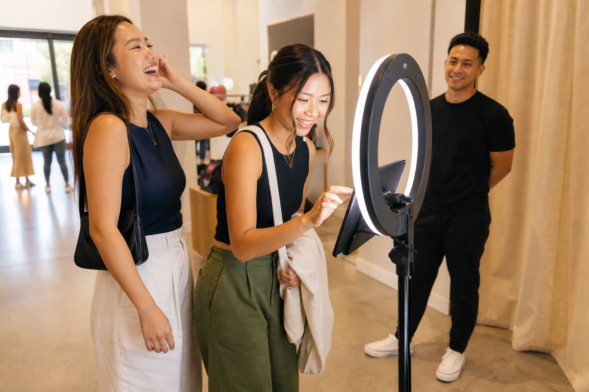 Two shoppers at a retail pop-up photo station, one entering an email on the booth's tablet to receive their photo.