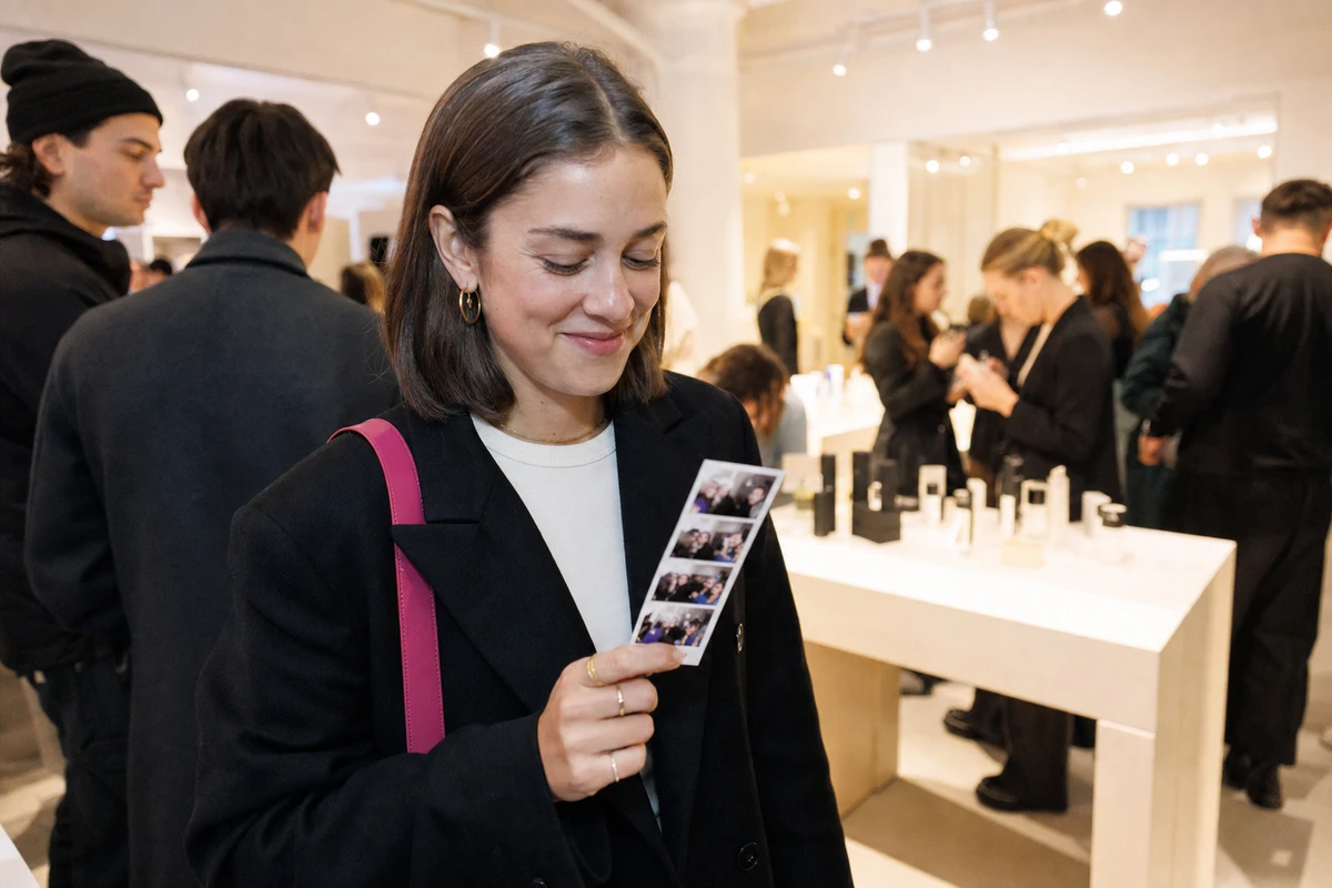 A customer at a retail launch evening smiling at a freshly printed photo strip from the event's photo station.