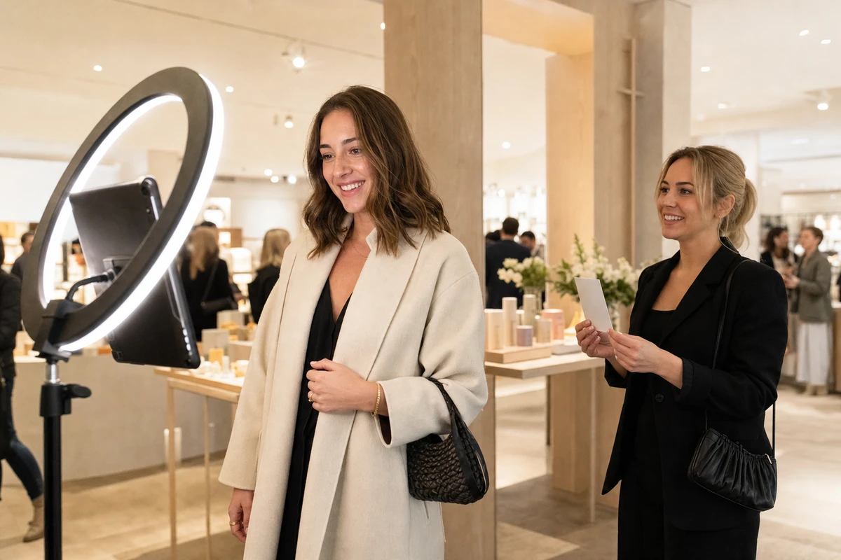 A customer at a photo station during a retail launch having their picture taken beside the new-product display while a host stands ready with a print.