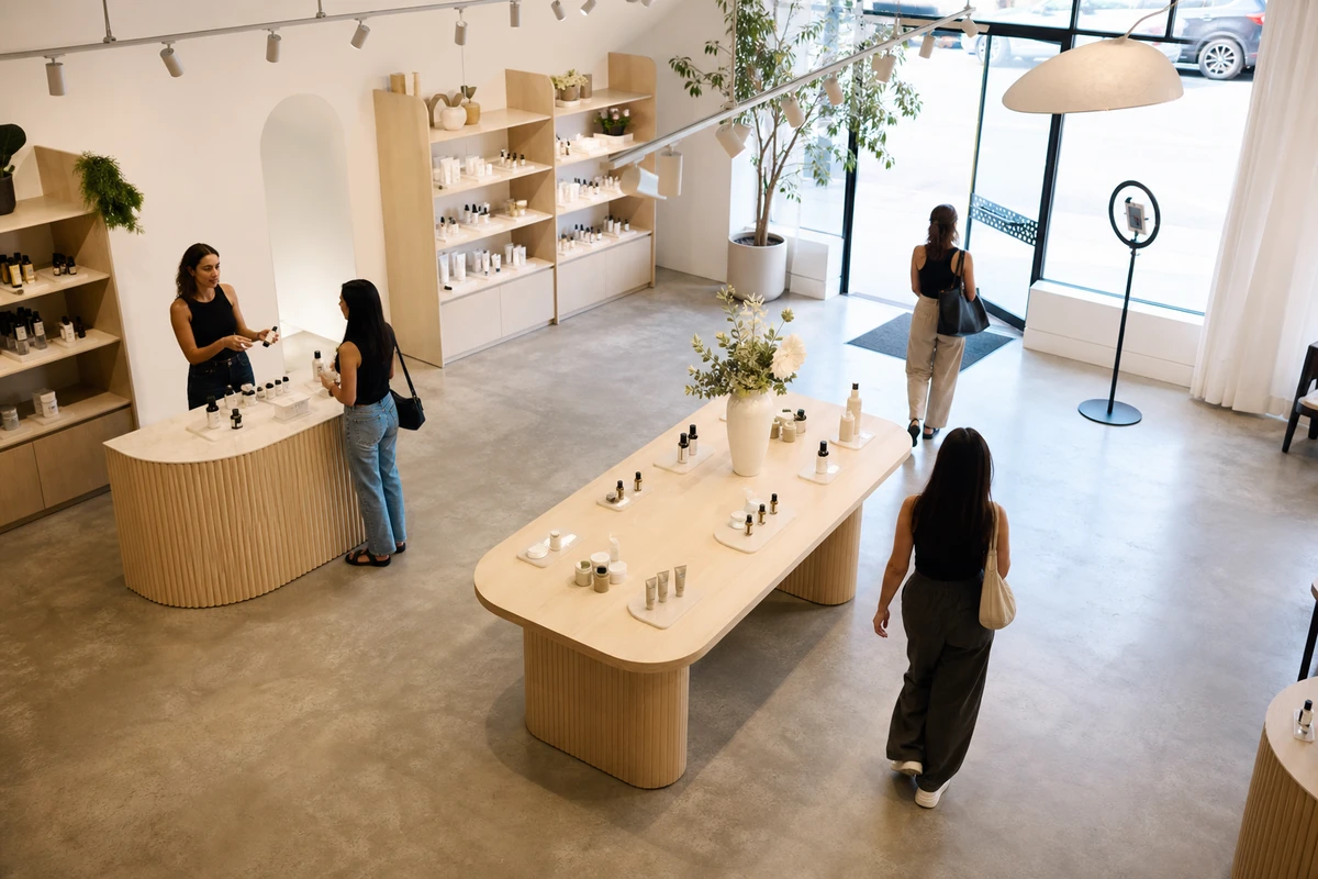Wide view of a boutique retail floor staged for a product launch, with a central product display, a staffed demo station, and an iPad photo station spaced across the floor.