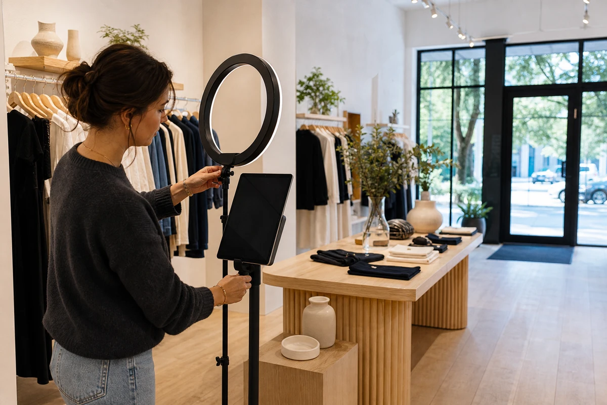A boutique store owner adjusting an iPad photo station and ring-light stand in an empty store before the launch doors open.