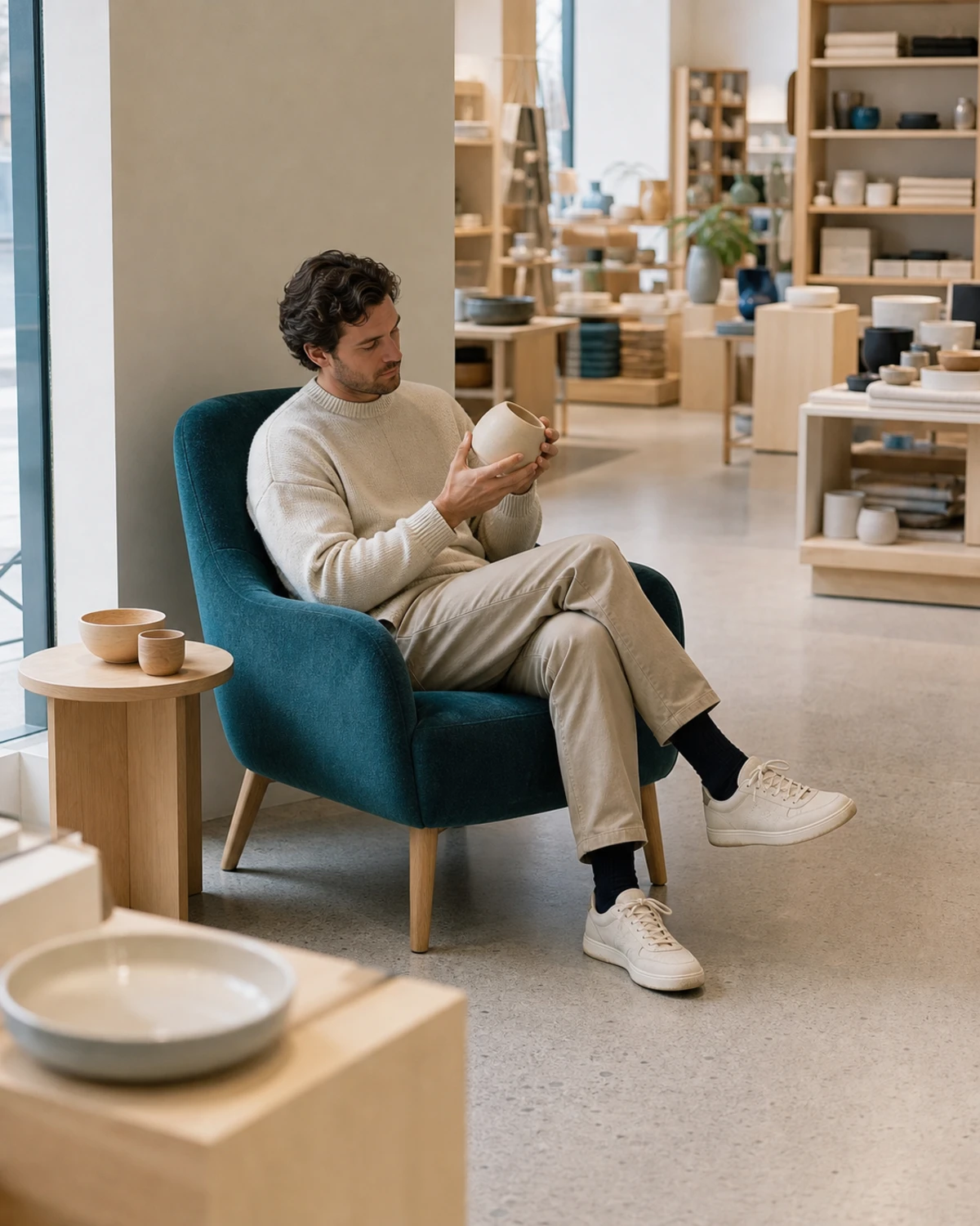 A relaxed customer seated in an upholstered armchair in a quiet corner of a retail store, lingering unhurried over a product.