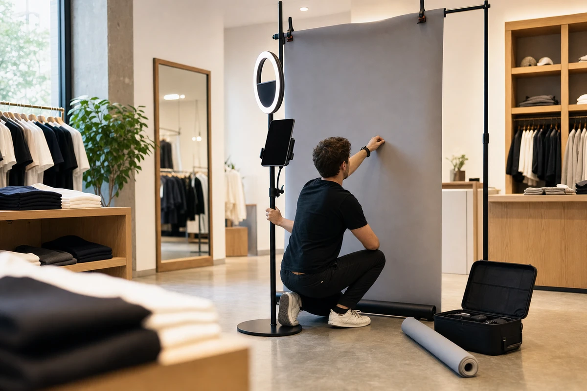 A photo-booth operator kneeling to refresh a branded photo-booth fixture with a new backdrop panel in a retail store before opening.